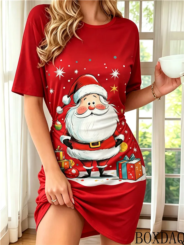Fashion Women's Dresses Summer Short Sleeve Round Neck Santa Claus And Christmas Tree Pattern Printed Home Loose Dress New Style