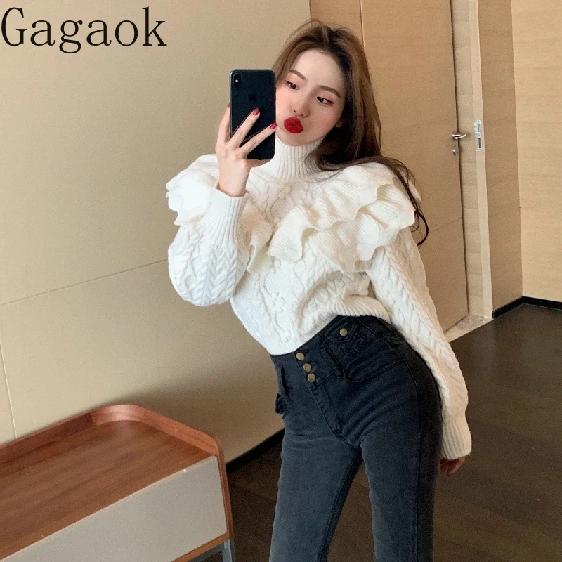 Gagaok-女性用ハイカラーフリッドジャストワイトセーター、ルーズニットシャツ、スリム韓国トップ、新品、秋、冬、2023