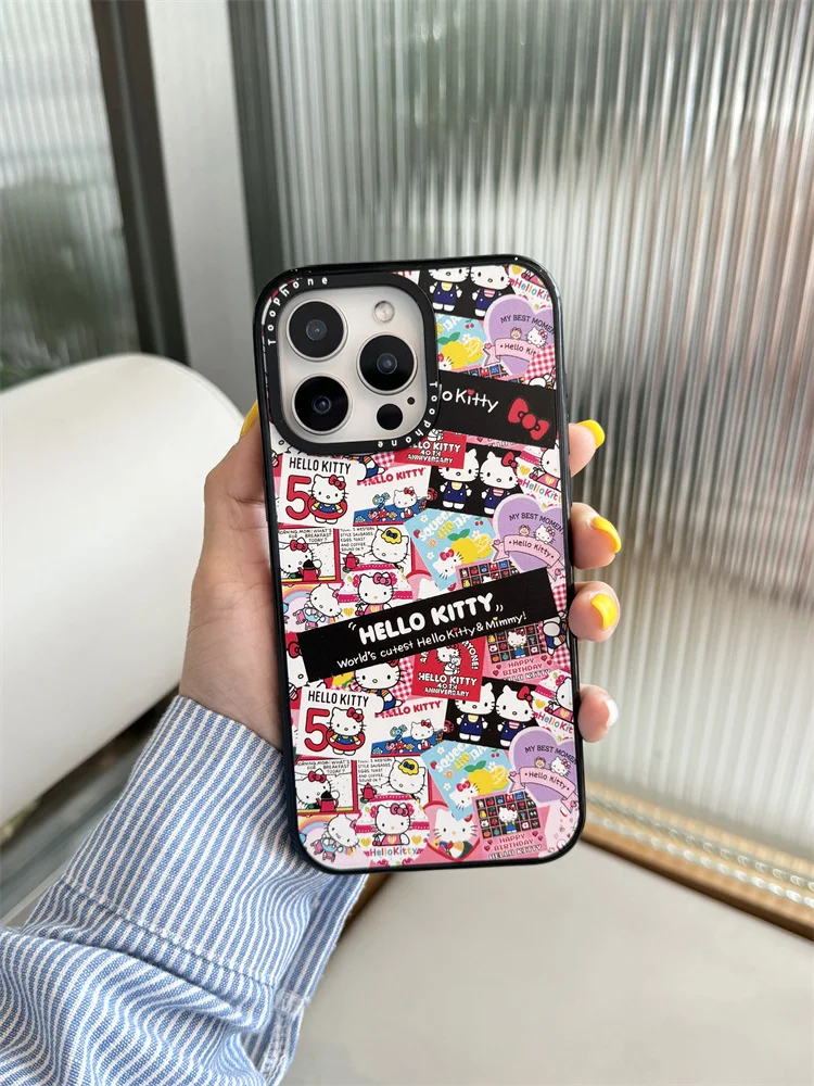 

Чехол Sanrio Black Label Hello Kitty для iPhone 16, 15, 14, 13, 12, 11 Pro Max Plus, акриловая противоударная задняя крышка с защитой от падения с героями мультфильмов