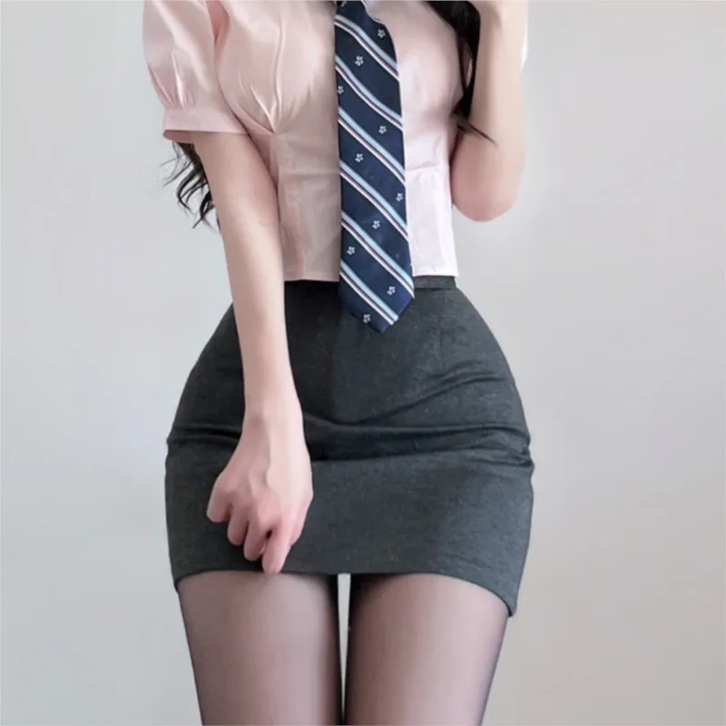 Koreanische jk Uniform weiß & rosa Mädchen elastische Puff ärmel Hemd hüft bedeckenden Rock solide College-Kostüme lange/kurze Ärmel Top