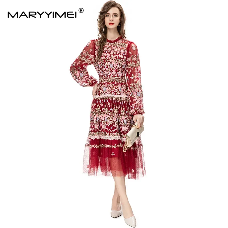 MARYYIMEI ヴィンテージファッションデザイナードレス女性のメッシュ刺繍半透明ランタンスリーブスリムレッドミディドレス 2023 最新