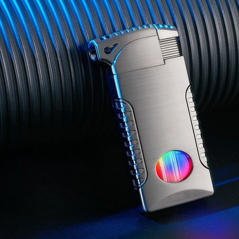 Double Flame Blue Flame Straight Forward Windproof Metal Body,cool Color Lights, Air Window,cyclic Inflatable Men's Gift Lighter
