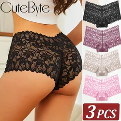 3Pcs Women Lace Boyshort Panties Low-Rise Sexy Underwear Trendy Floral Underpants Female Sexy Boyshort Panties Ladies Lingerie