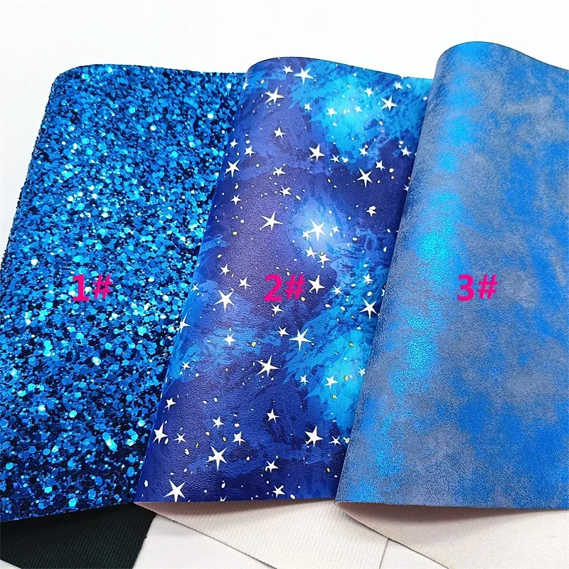 Blue Glitter Leather Sheets Stars Printed Synthetic Leather Metallic Faux Leather Fabric Vinyl for DIY Craft 8.2