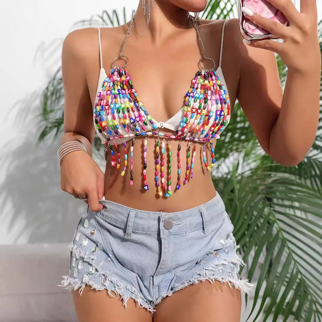 Wholesale Colorful Stone Bra Chain Backess Tassel Acrylic Beaded Halter Crop Tops Camis Summer Beach Strip Party Body Jewelry