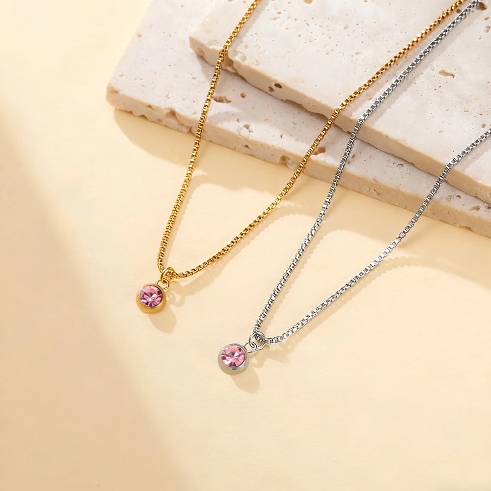 Skyrim 6mm 12 Months Birthstone Pendant Necklace Women Girls Stainless Steel Gold Color Box Chains Trendy Jewelry Birthday Gift