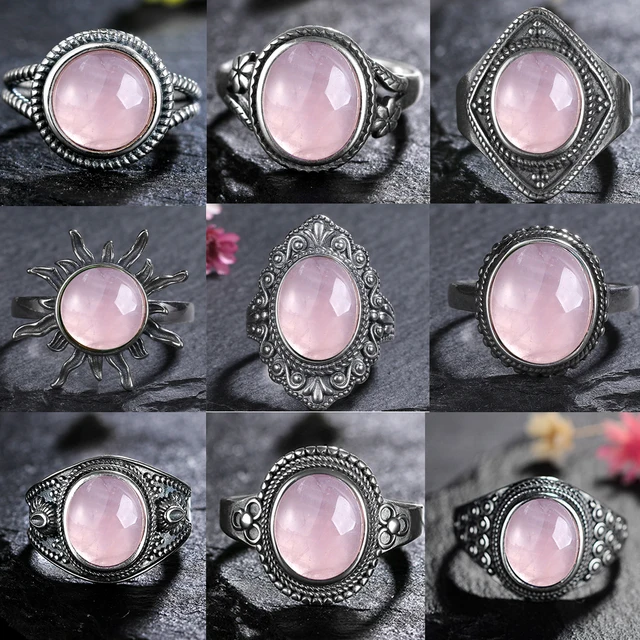 Anillo plata 925 cuarzo rosa forma sol feminino retro lujo