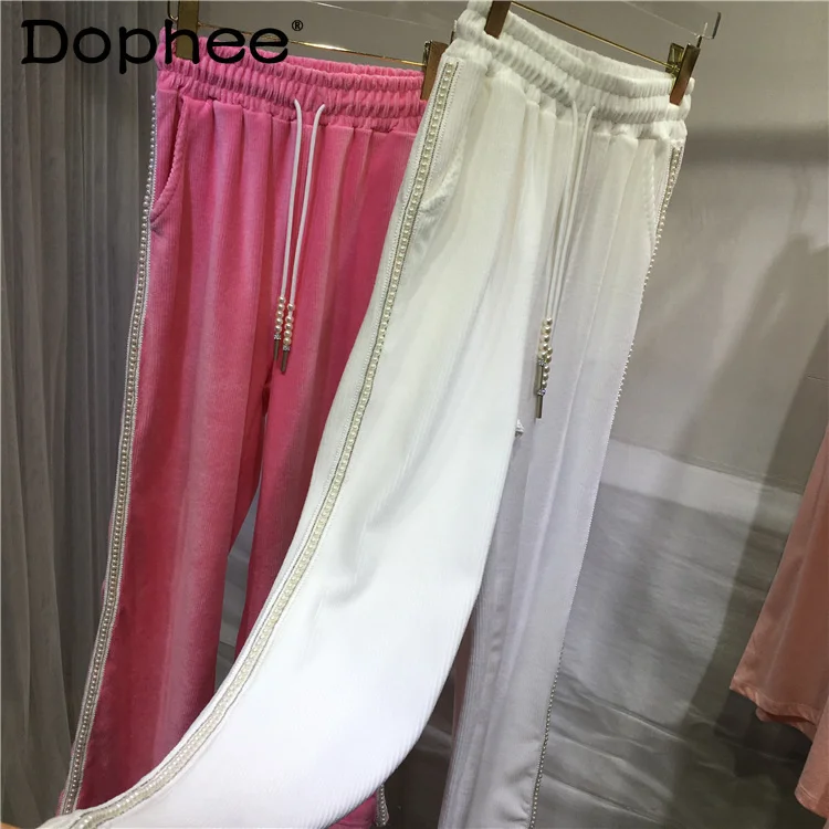 Fashion Bead Korean Pink Sweatpants Women Elastic Waist Corduroy Colorful Long Hoodie Trousers 2023 Spring New Thin Sports Pants