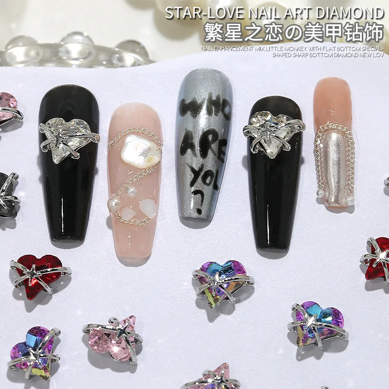 Joyería de uñas de diamante de corazón retorcido, aleación de Flash explosivo, fondo puntiagudo, diamante negro oscuro, estrella de Metal, amor de uñas, 10 piezas, nuevo