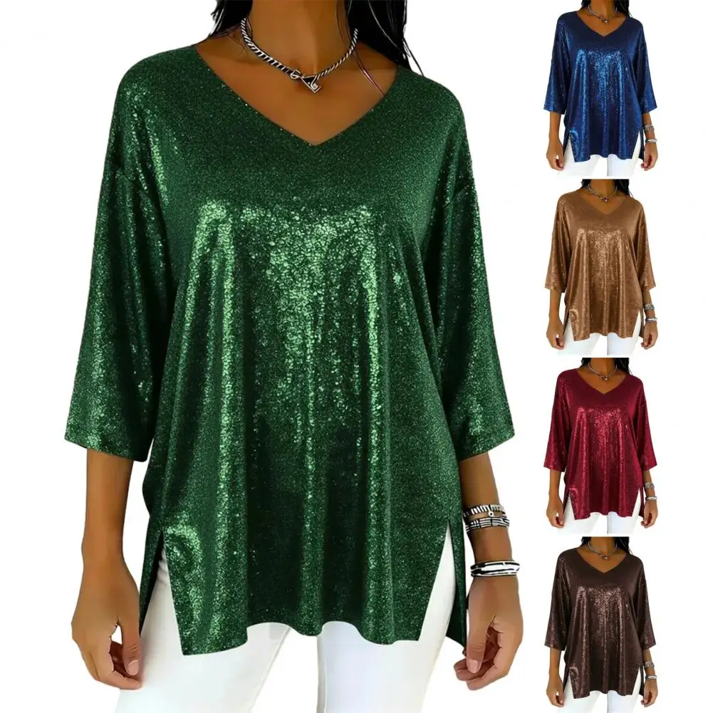 ファッションキラキラスパンコールTシャツ女性用大きいサイズ半袖スパンコールプルオーバートップスクラブパーティーゆったりフィットソフト快適Tシャツトップス
