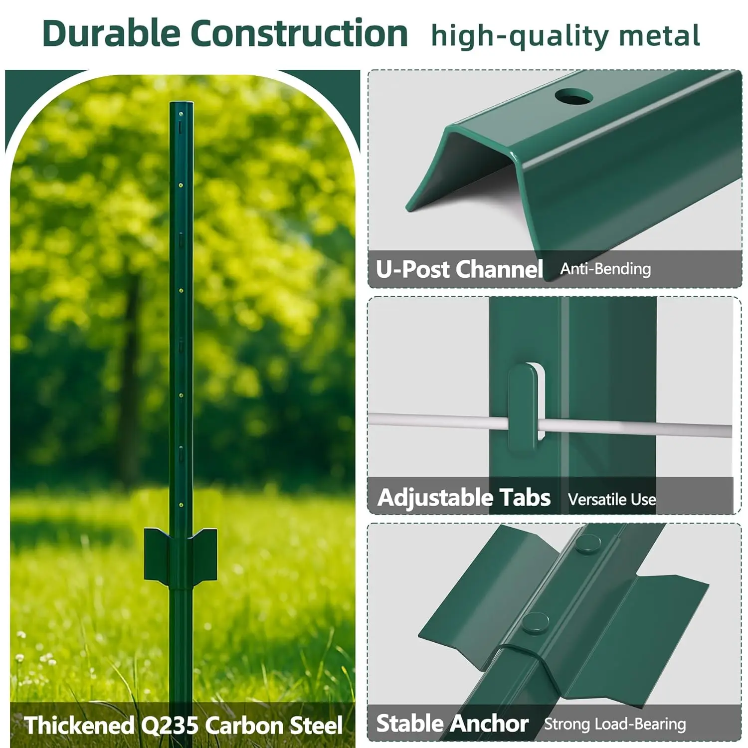 Garden Yard Fence - Heavy Duty Metal U Post, No Dig, Green, Pack of 10