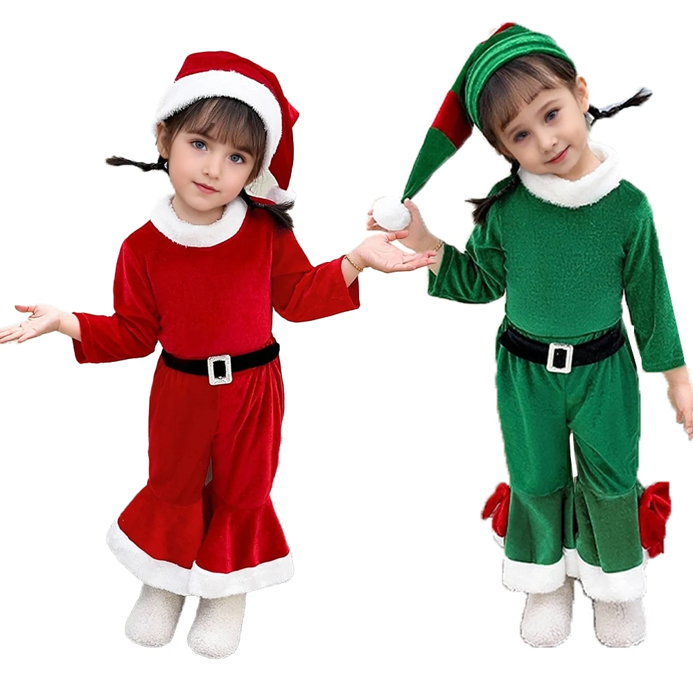 

Christmas Costume Set Adorable Kawaii Girl Outfit Red Square Green New Year Attire Birthday Party Gift Suit Top Trousers and Hat