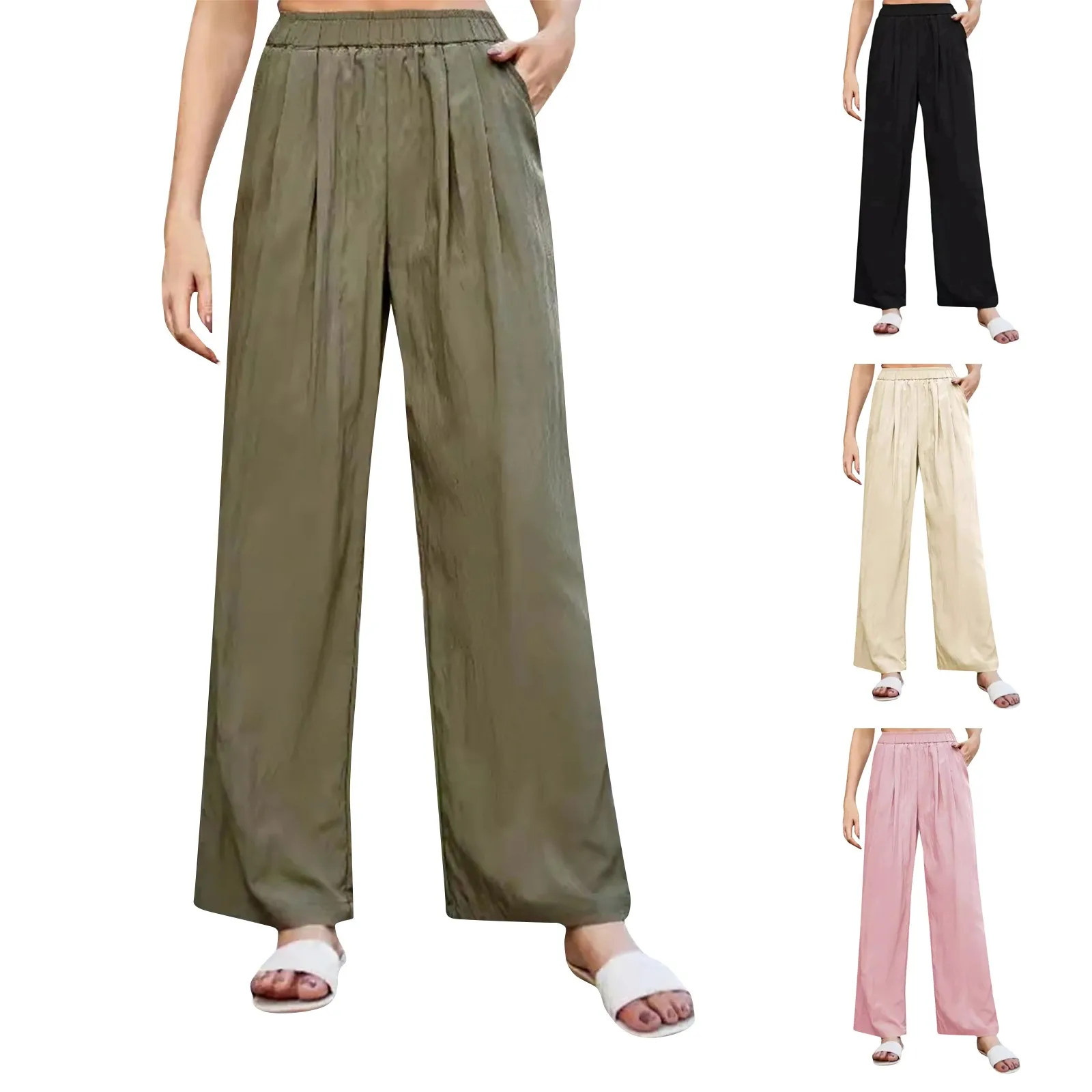 Women'S Casual Basic Trousers Wide Leg Comfortable Loose Pants Silk Pleated Elastic High Waist 2024 Summer New Stylish Pants