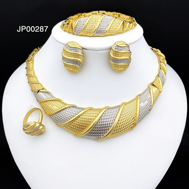 Brazil 18K Gold Plated Jewelry Set For Women Unique Two Tone Design Necklace Earrings Bracelet And Ring Wedding Party Gift