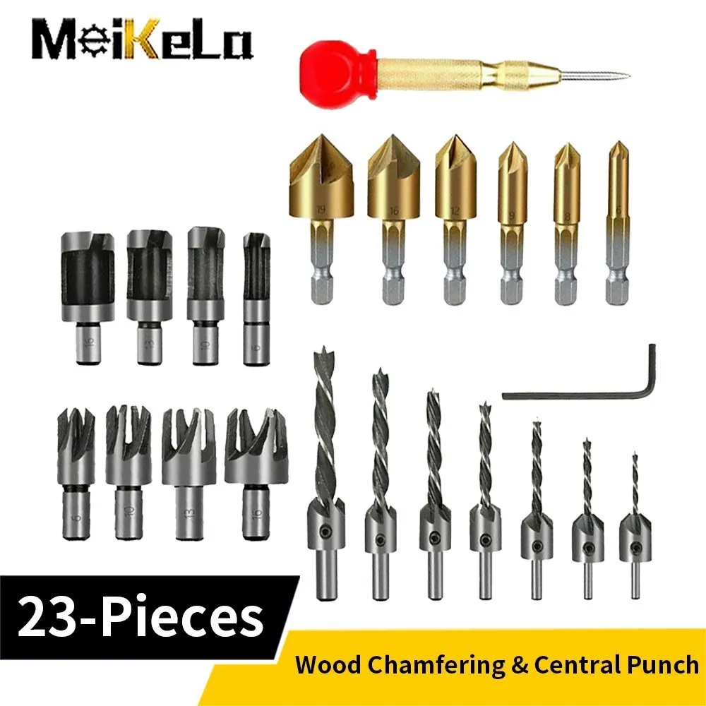 

23pcs Woodworking Chamfer Drilling Tool Countersink Drill Bits Wood Plug Cutter and Automatic Center Punch Woodworking Tools