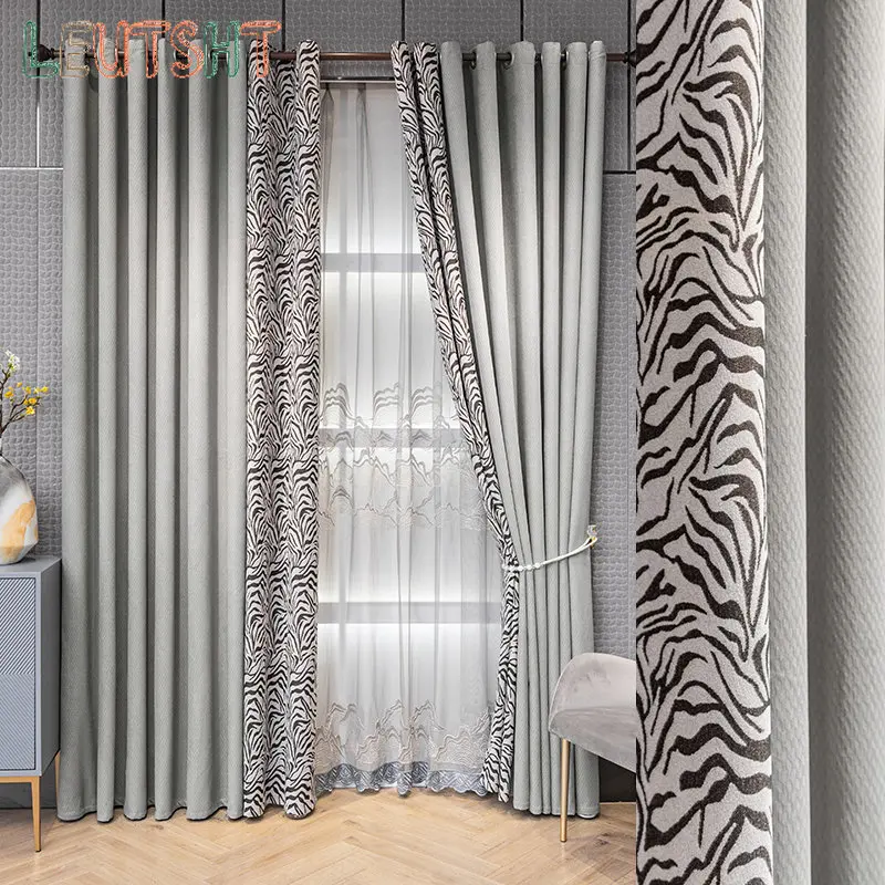 

Modern Curtains for Living Dining Room Bedroom Minimalist Black and White Gray with High Precision Jacquard Chenille Curtains