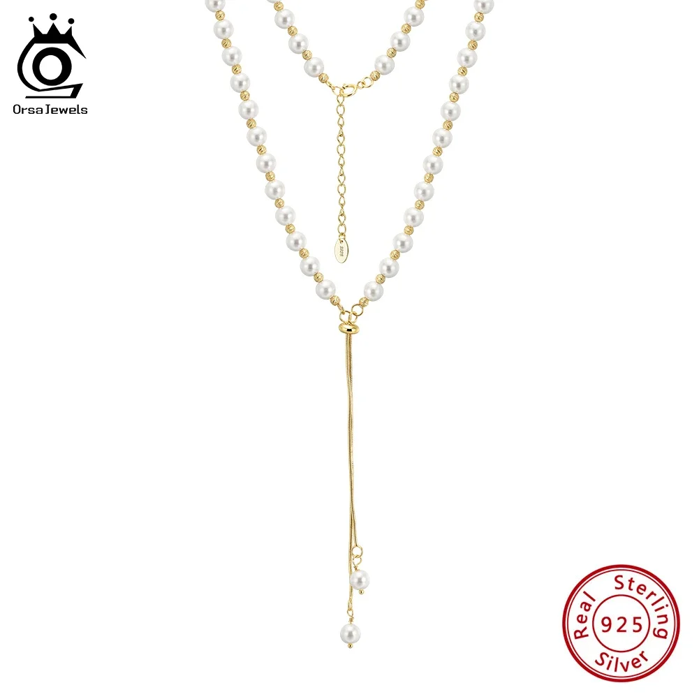 ORSA JEWELS Elegant Long Y-Shaped Shell Pearls Beads Necklace for Women 925 Silver Collarbone Chain Holiday Jewelry Gift PSN14