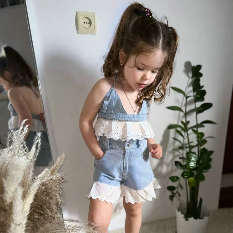 Toddler Baby Girl Denim Outfit Sling Strap Lace Patchwork Tank Top Blue Shorts Set Kids Cowgirl Summer Clothes