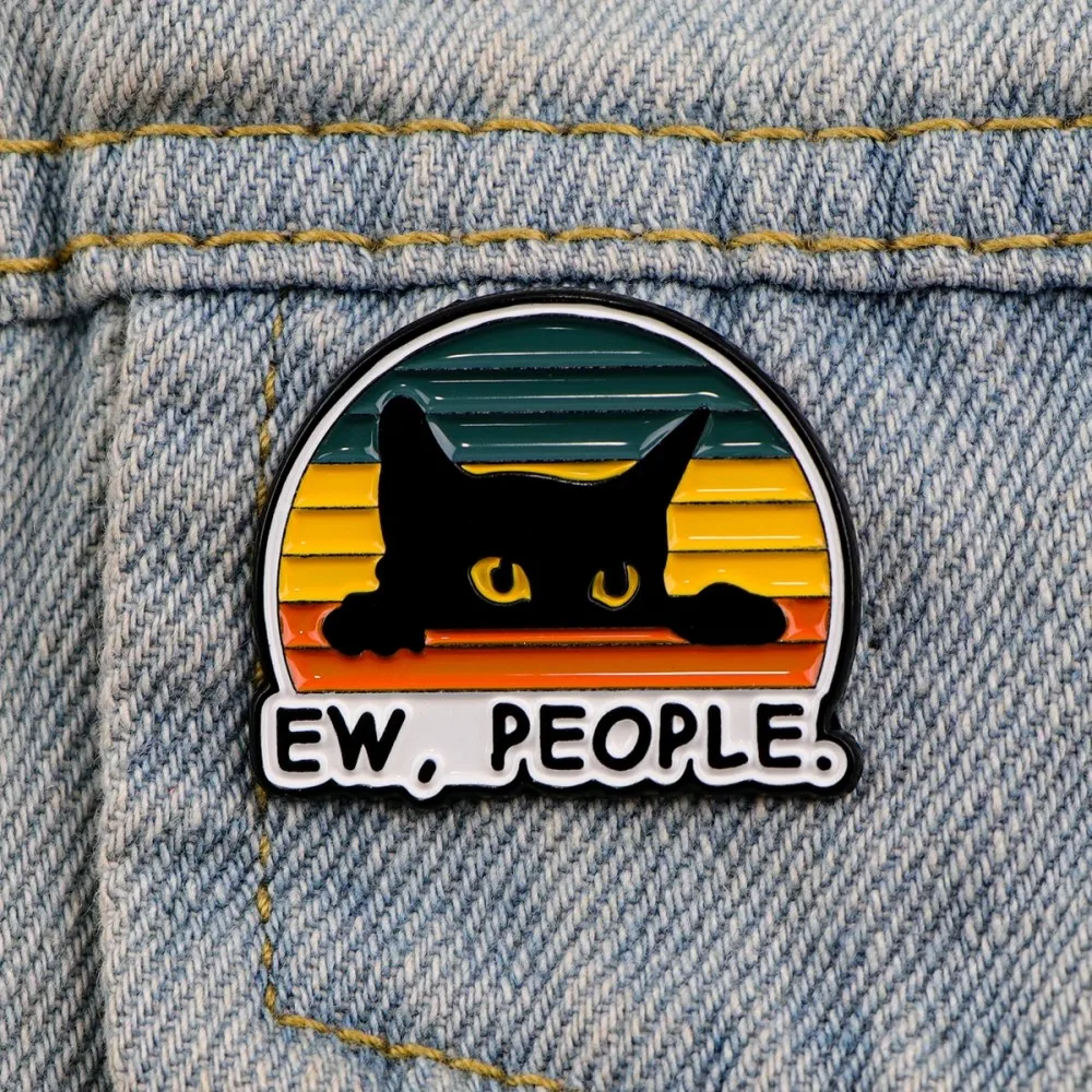 Ew,People Funny Black Cat Enamel Pin Brooches For Women Lapel Pins Badge On Backpack Costume Accessories Jewelry For Friend Gift