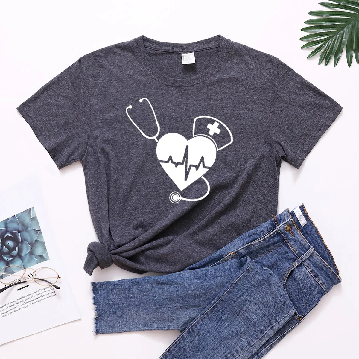 Print T Shirt Nurse Stethoscope Heartbeat Women Short Sleeve Tee O Neck Loose T-shirt Women Tops Camisetas Mujer Shirt