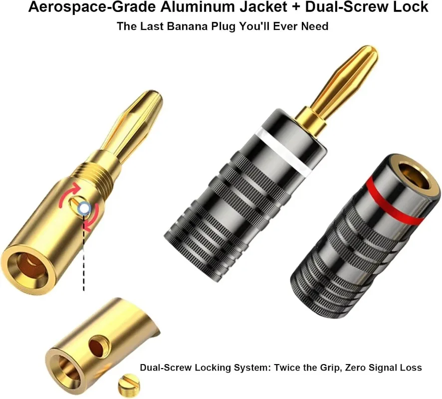 4mm Banana Plugs Brass Speaker Connectors with Dual Set Screws 4K Gold-plated Banana Plug for Theater A/V Receiver Amplifiers