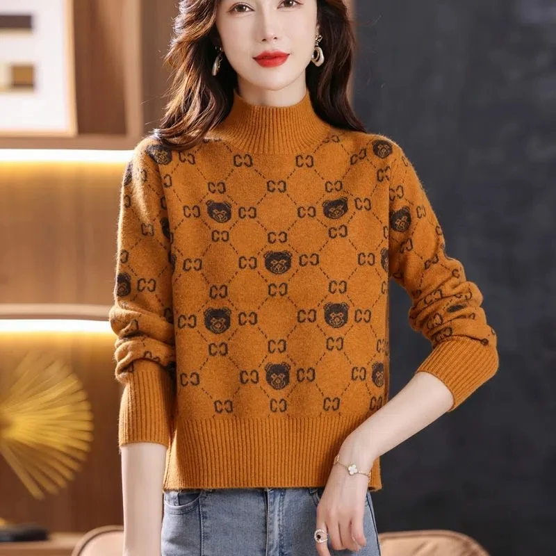 Autumn Winter New Knitted Letter Jacquard Sweaters Women Elegant Cintage Fashion Loose Pullovers Chic Comfortable Knitwear