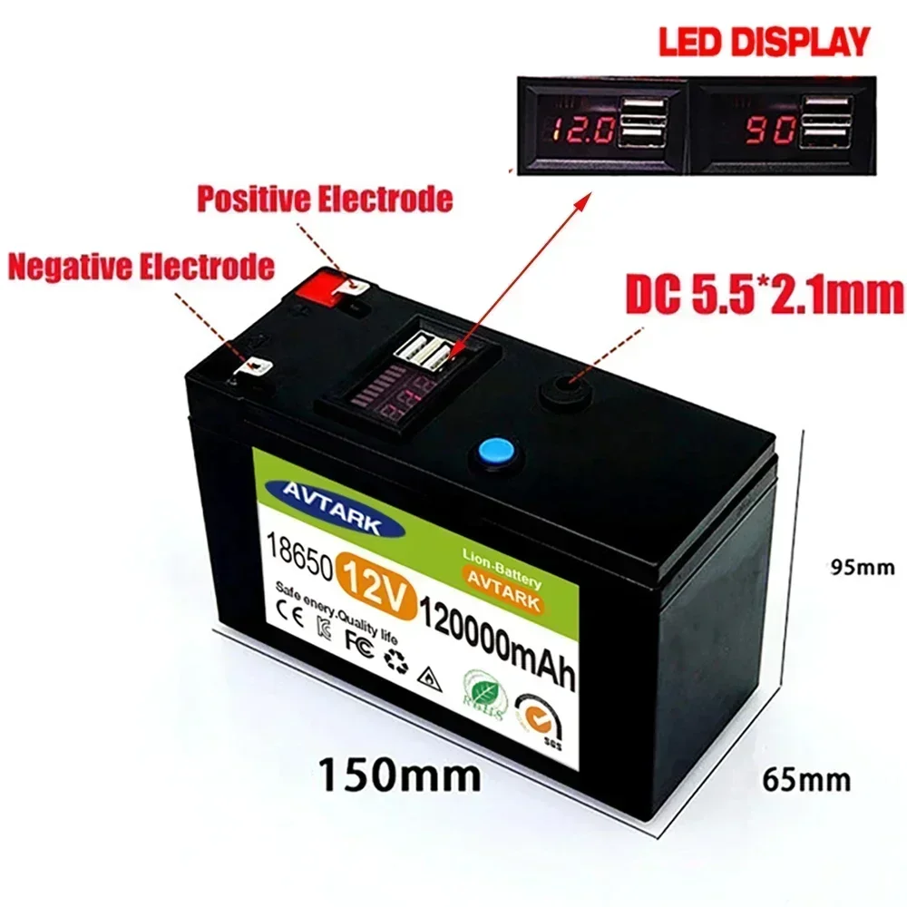 NOVO LiFePO4 12V 120000 Bateria recarregável portátil mAh embutida 5V 2.1A USB Power Display Porta de carregamento com carregador + 12,6V