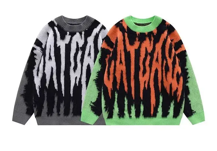 Harajuku Vintage Green Orange Knitted Sweater Men's Women Street Oversized Jumper Pullover Thick Sweater Ugly Sweater