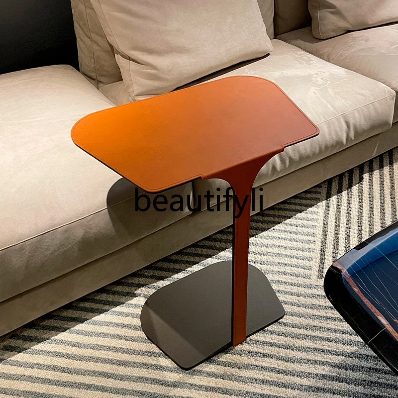 

Italian light luxury wrought iron edge few minimalist high-end orange saddle leather square corner few