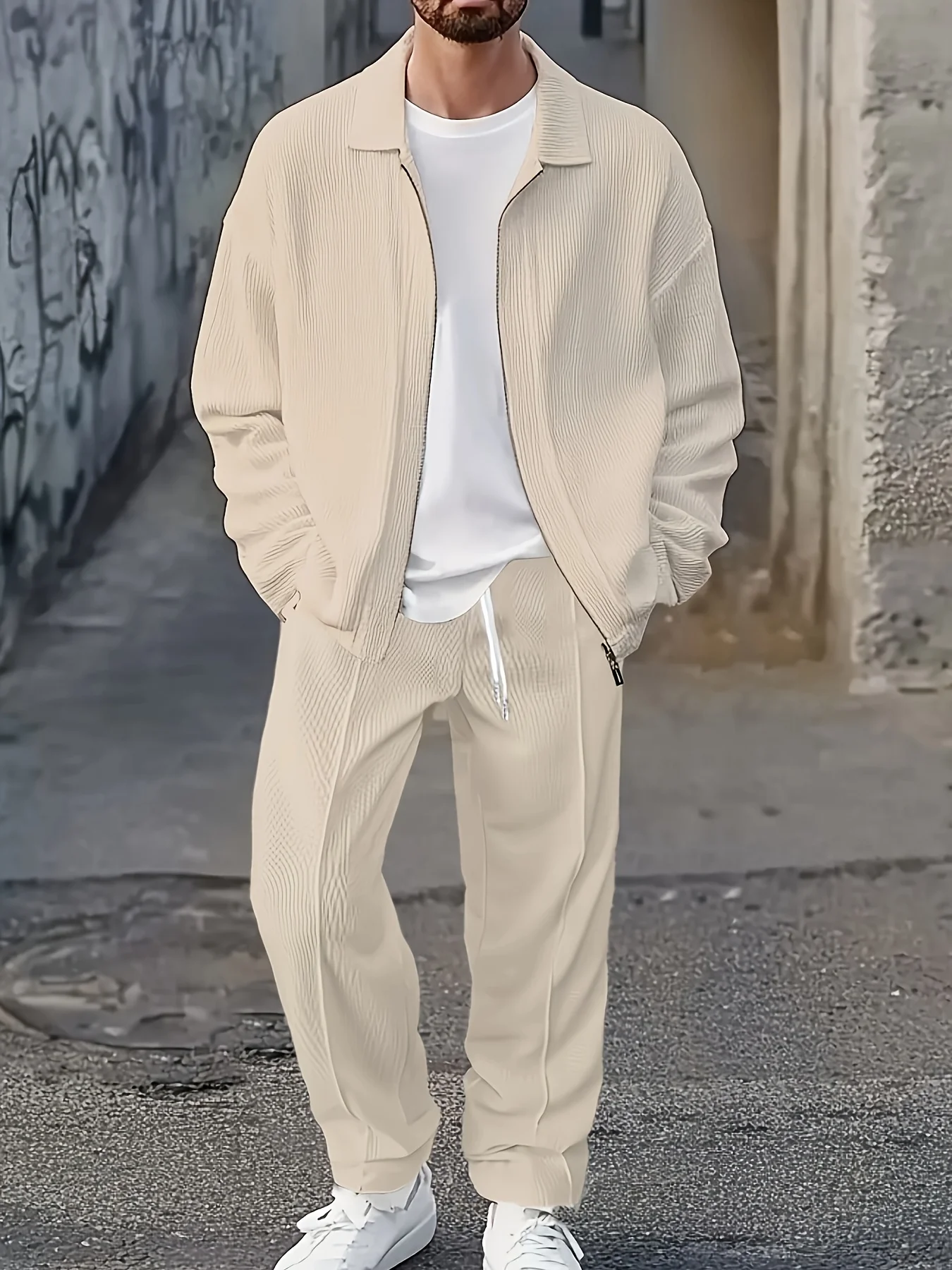 Conjunto deportivo de 2 piezas de manga larga de color sólido para hombre, conjunto de chaqueta y pantalones con cremallera, adecuado para deportes al aire libre