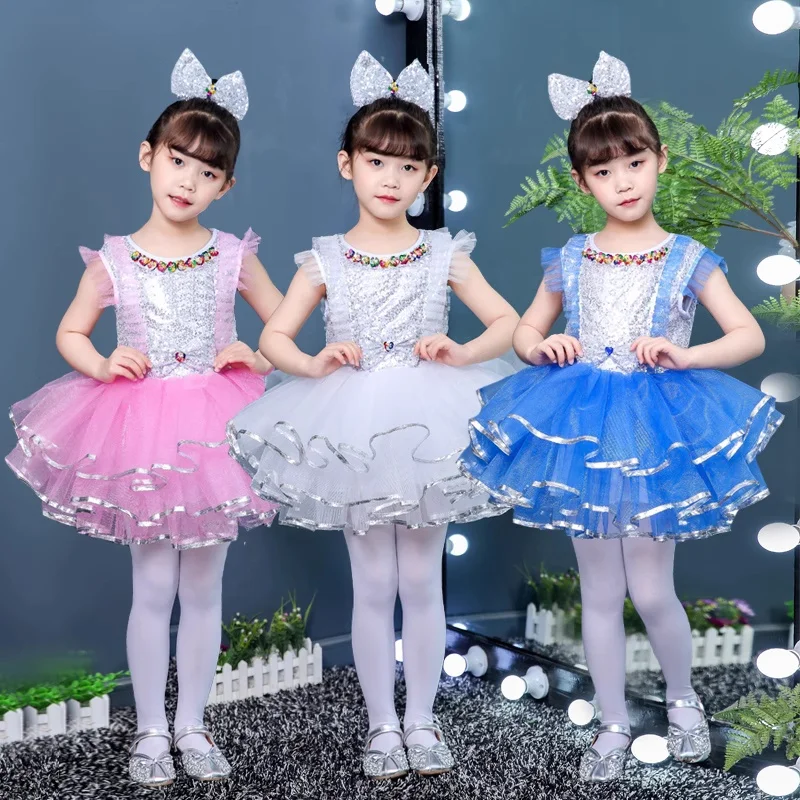 

Платье для современного танца для девочек, детское платье-пачка с блестками, костюмы для выступлений, танцевальный костюм звезды для девочек и детей