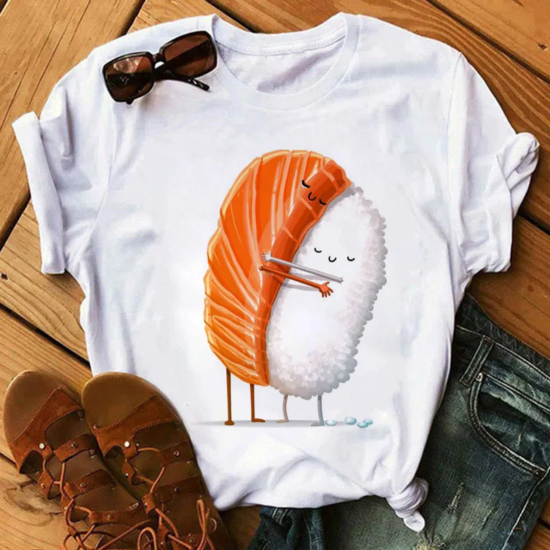 

Kawaii Cartoon Sushi Print T Shirt Women T Shirt Female Fashion O-Neck Graphic Tee Tops Casual Tee Sport Harajuku T-shirt Tops