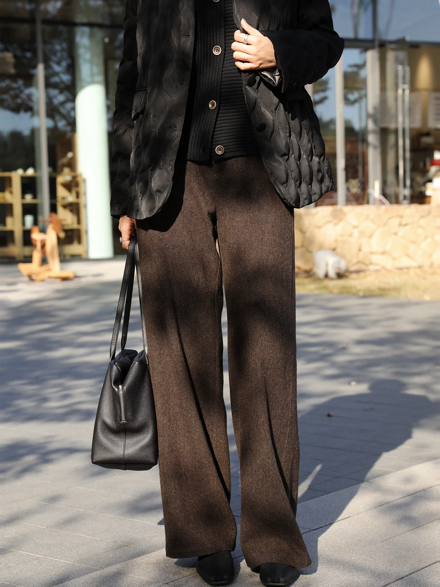 

Thiened Winter Brown Woolen High Waist Casual Straight Leg Pants Women's Warm Trousers Full Wool Comfortable Straight Pants