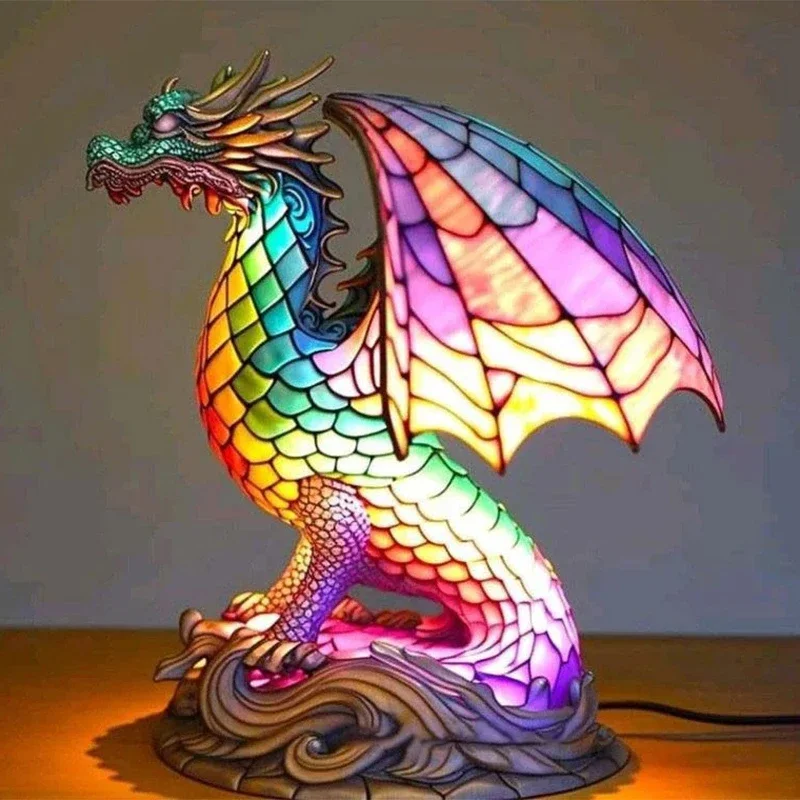 Imagem -05 - Candeeiro de Mesa de Vidro Colorido Resina Forma Animal Usb Luz Noturna Lobo Dragão Desktop Ornamentos Ambiente Quarto 3d