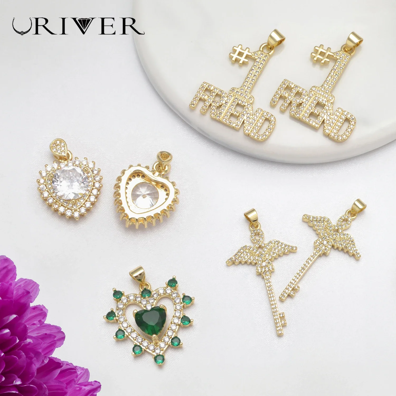 

4 Pcs Brass Jewelry Pendants Gold Color Keychains Cubic Zirconia Charm for Jewelry Making Brass DIY Accessories for Women
