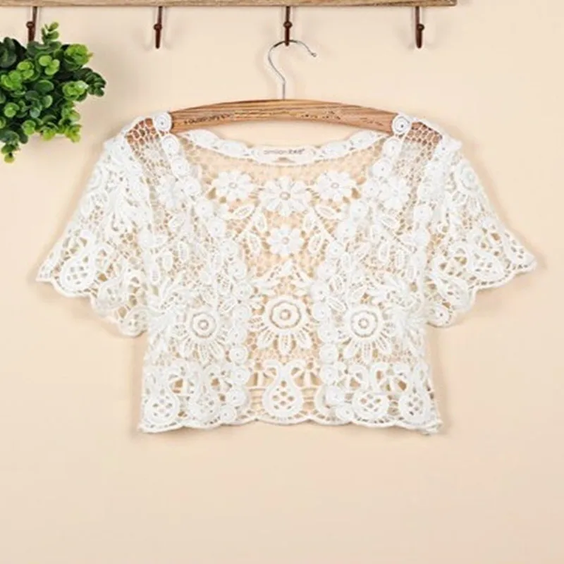 Women Short Sleeve Crochet Shrugs Hollow Out Flower Lace Open Front Cropped Cardigan Sunscreen Jacket Sport Running Vest