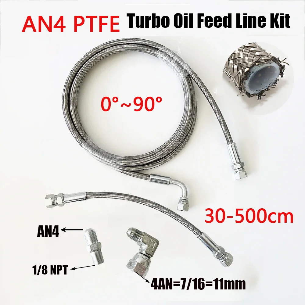 

30~500CM 1/8 NPT Turbo Oil Feed Line AN4 Oil Return Line Kit Feed Line Stainless Steel Braided 0-90 Degree End Straight Hose