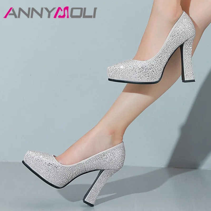 ANNYMOLI Women Platform Thick High Heels Pointed Toe Crystal Party Wedding Pumps Spring Sexy Shoes Black Silver 33-40