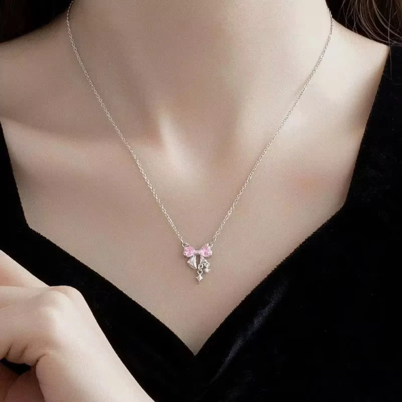 Sweet Pink Bow Necklace Ladies Fashion Sparkling Rhinestone Star Shape Pendant Clavicle Chain Delicate Wedding Accesories C