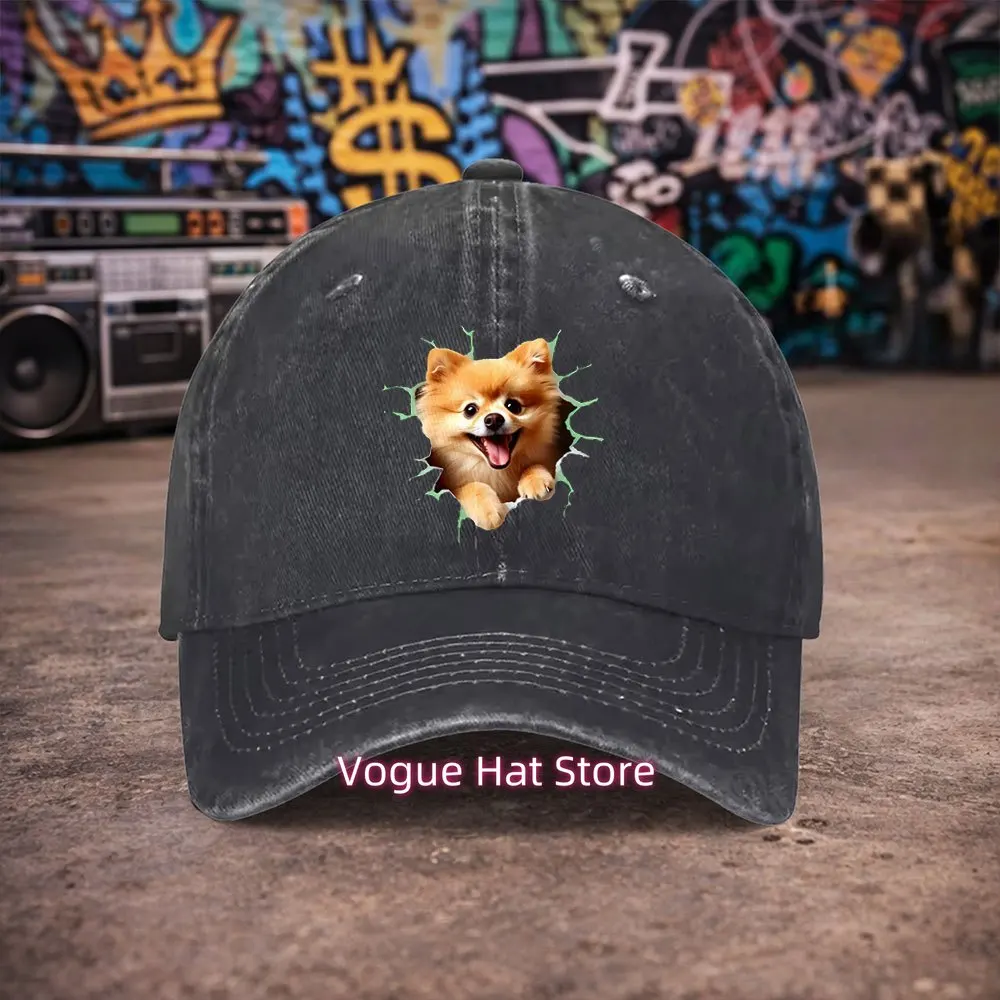 1pc Unisex Pomeranian Breaking Through Wall Pattern Vintage Washed Baseball Cap - Men's Trendy Hat - Versatile Duckbill Cap - Fu