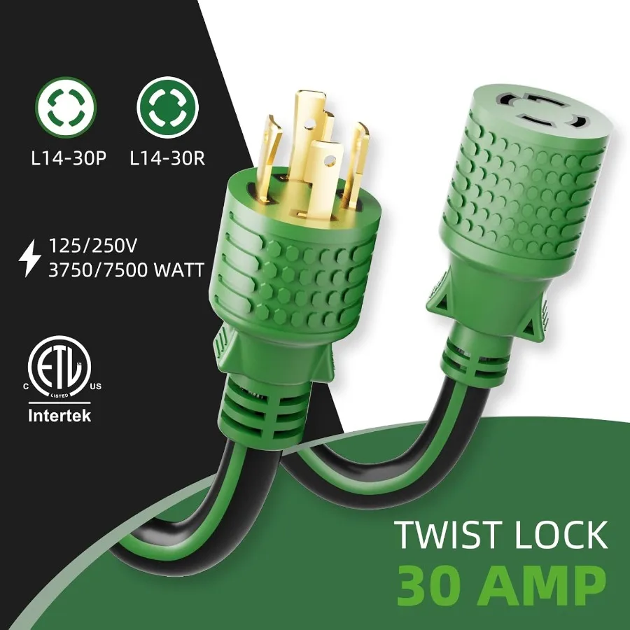 Cable generador de extensión de 4 clavijas, 30 amperios, 25 pies, NEMA L1430P L1430R, 125 250 voltios, hasta 7500 vatios, calibre 10, SJTW Twist Lock Power Co