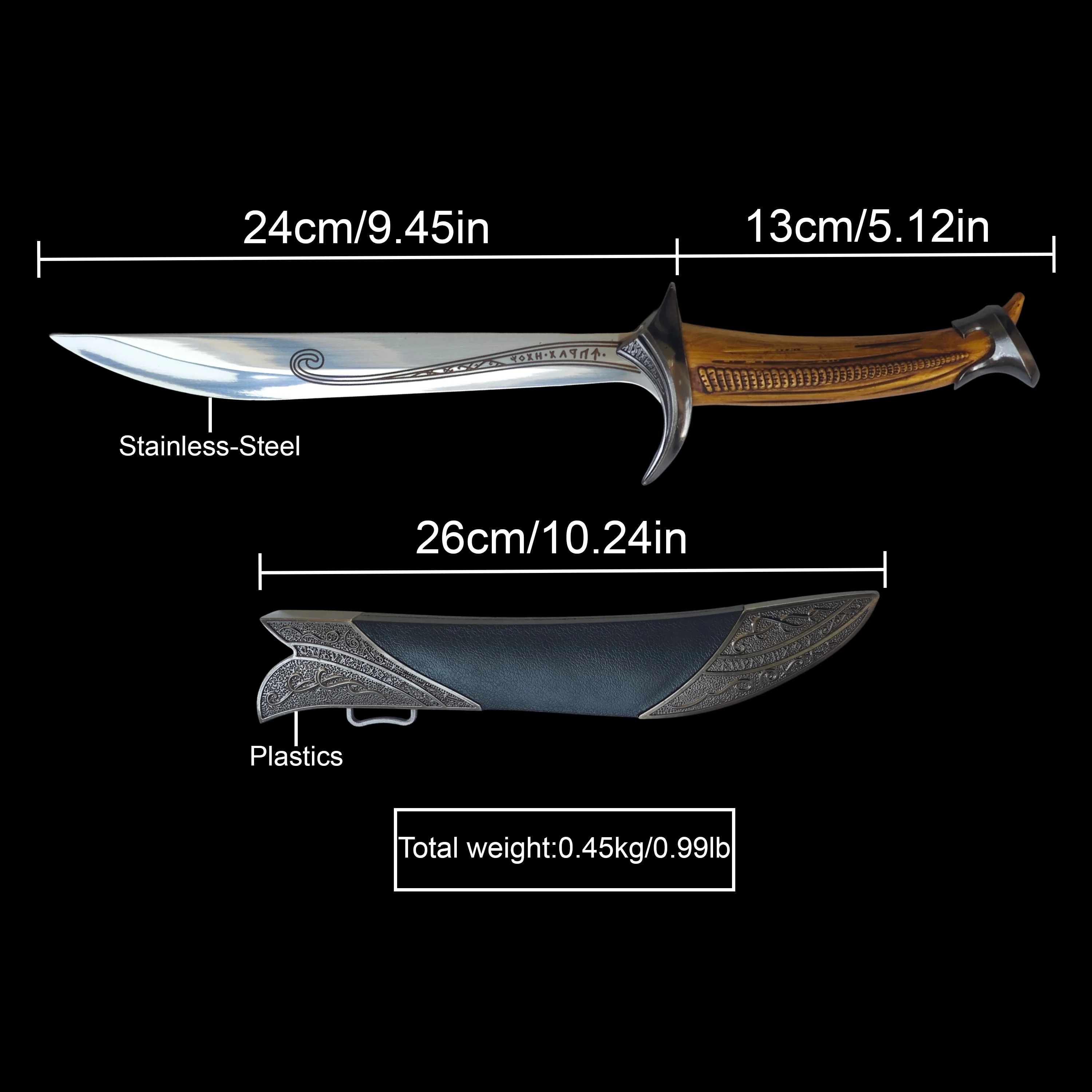 黒の鞘と茶色のハンドル、短剣、切れ味のない、ステンレス鋼の刃、フィルムスタイル、コスプレ、小剣、誕生日プレゼント