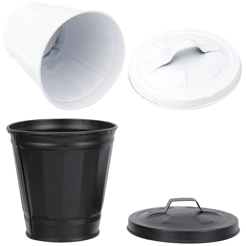 

2Pcs Mini Trash Cans Galvanized Iron Desktop Wastebaskets Small Covered Garbage Bins for Kitchen Office Bedroom Countertop
