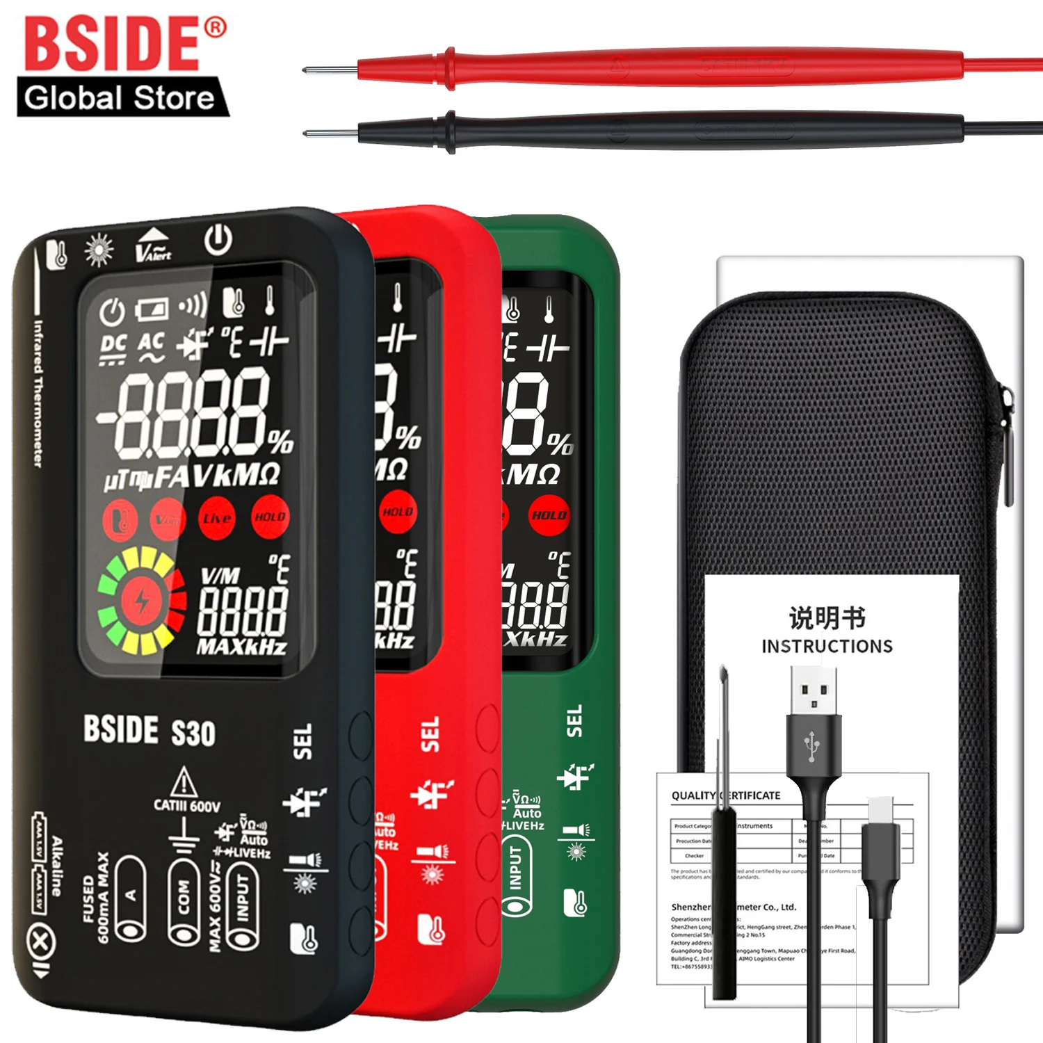 Bside S30 Smart Professional Digital Multimeter 15V Diode Recharge Electronic Tester Infrared Thermometer AC DC Voltage Current