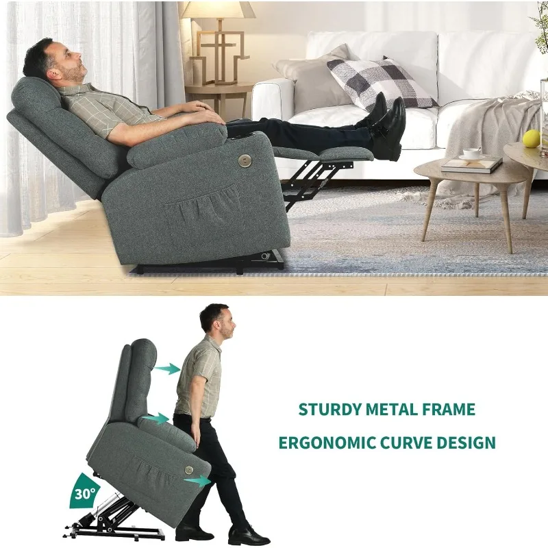 Fauteuil inclinable Power Lift, fauteuil inclinable en tissu avec massage et chaleur, siège spacieux, ports USB, porte-gobelets, poches latérales, gris foncé