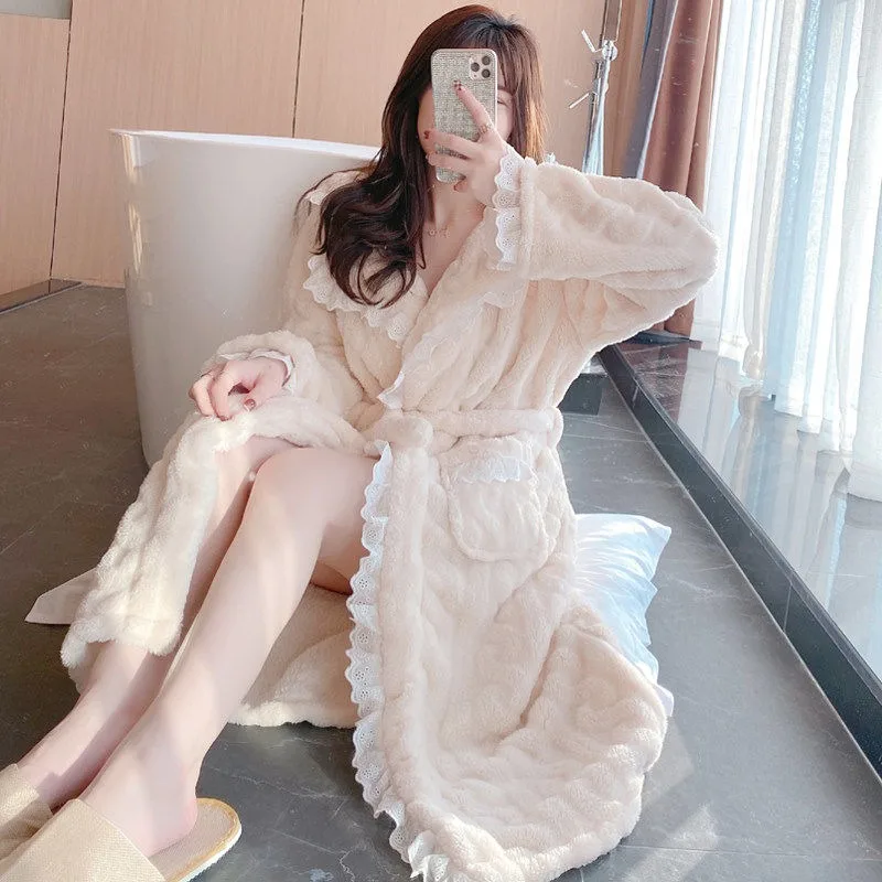 

Night Gown Female Wintertime Thickening Type Princess New Style Coral Fleece Pajamas Long Style Bathrobe Loungewear Comfort Soft