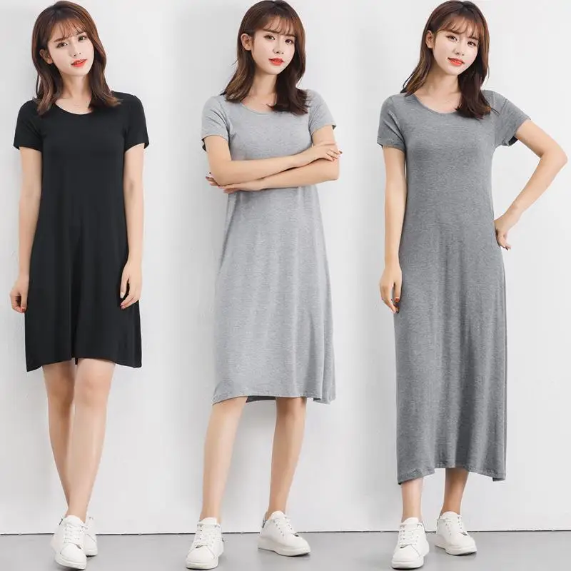 Summer Modal Loose Women's Dr ort Sve Long Dr Casual Sle A-Line Skirt round Ne Busin Casual Single Piece