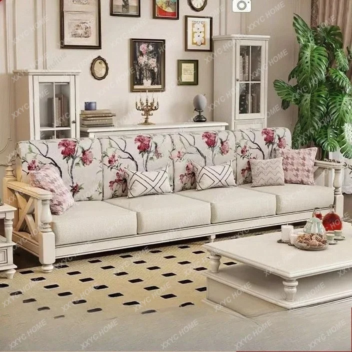 

L solid wood sofa white living room furniture rural pastoral small apartment fabric sofa cream style sofa