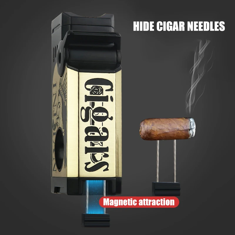 

Зажигалка для сигар 5-в-1 с пятью синими пламенями, складной резак для сигар, двусторонний, тонкая резьба, из сплава, регулируемое пламя