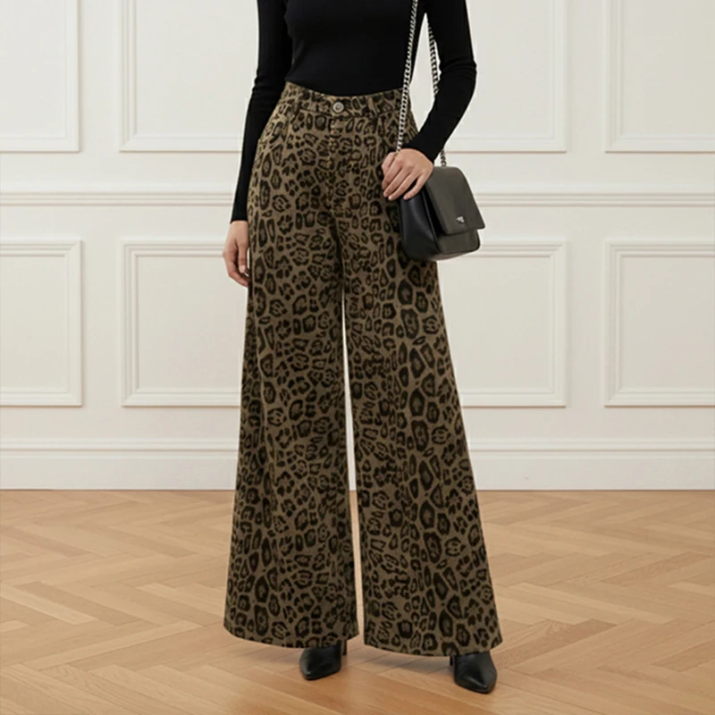 Modigirl المرأة الخريف الشتاء المرقعة الحياكة بناطيل تدفئة 2025 ليوبارد واسعة الساق الحضرية الخروج العصرية السيدات تمتد قيعان